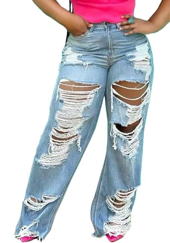 SHINFY Women's Ripped Jeans Distressed Cutout High Waisted Baggy Straight Wide Leg Y2K Denim Pants Light Blue