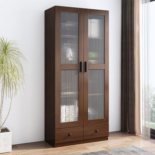 NELYE Glass Door Storage Cabinet - 71" Tall File Bookcase with Adjustable Shelf, 5-Tier Freestanding Enclosed Cupboard-Style Bookshelf in Dark Walnut, Double Drawer