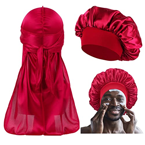 Bonnet for Men for Curly Hair,Men Bonnet for Sleeping,Matching Durag and Bonnets Set for Couples,Bonette for Men Pack B-Wine Red