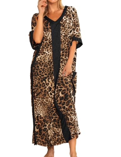 Bloggerlove Plus Size Nightgown for Women Cotton Short Sleeve House Dress Long Caftan Sleepwear Summer Flowy Mumu Dress Leopard 3XL