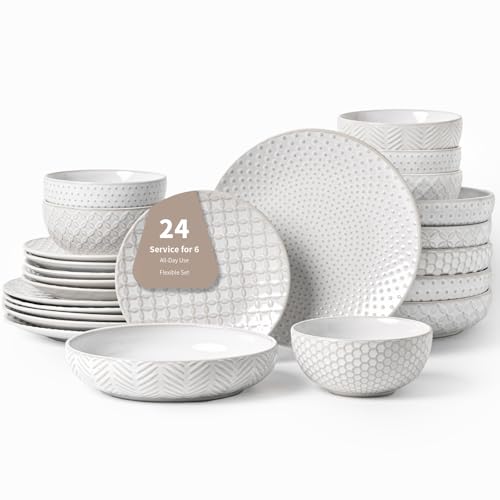 FOBENTA 24-Piece Ceramic Dinnerware Set,Large Plates and Bowls Set for 6,Elegant Dish Set for Families & Entertaining–Microwave & Dishwasher Safe Tableware (Double Bowl)
