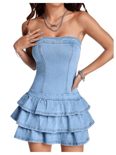 WDIRARA Women's Strapless Layered Ruffle Denim Dress Bandeau Slim Fit Mini Dresses Blue Small