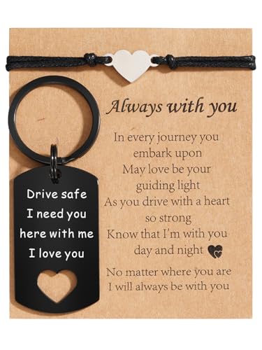 VULETO Drive Safe Heart Matching Couples Keychain Dog Tag I Need You Here With Me Bracelet Set Christmas Anniversary long Distance Relationship Gifts for Him Husband Valentines