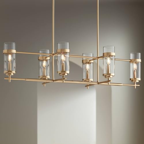 Possini Euro Design Mikel Soft Gold Linear Island Pendant Chandelier Lighting 42" Wide Modern Clear Glass Cylinder Shade 6-Light Fixture for Kitchen Dining Room Living House Home Foyer Entryway