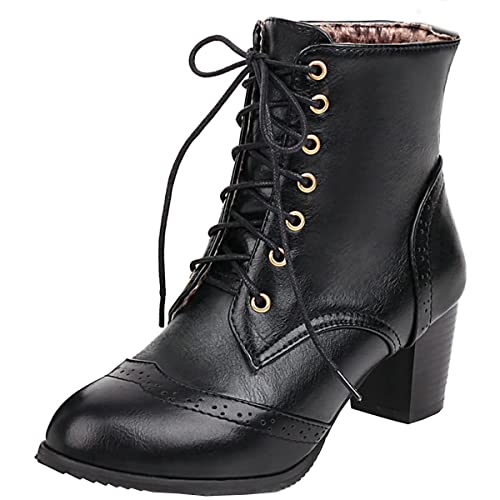 Uniquelly Womens Wingtip Booties Chunky Heel Ankle Boots Lace Up Round Toe Vintage Comfortable Winter Shoes (Black,US7.5)