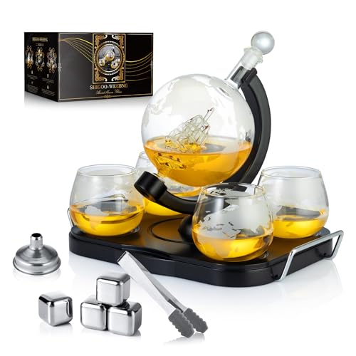 Whiskey Decanter Globe Set, Gifts for Men Husband Boyfriend Dad, with 4 Etched Whiskey Glasses, 4 Ice Cubes, Tong & Funnel, Decanter for Liquor, Bourbon, Scotch, Whisky, Vodka Brandy