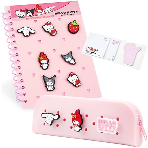 Hello Kitty A5 Customizable Notebook and Zipped Pencil Case, Kawaii Stationery Set with Character Chibi Pins Sticky Notes, Anime Gifts for Kids