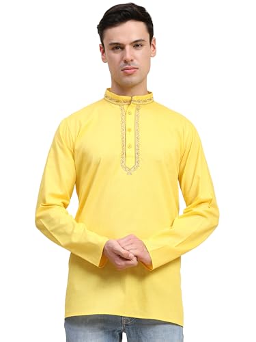 SKAVIJ Mens Cotton Henley Shirts Casual Band Collar Kurta Long Sleeve Embroidered T-Shirt (X-Large, Yellow)