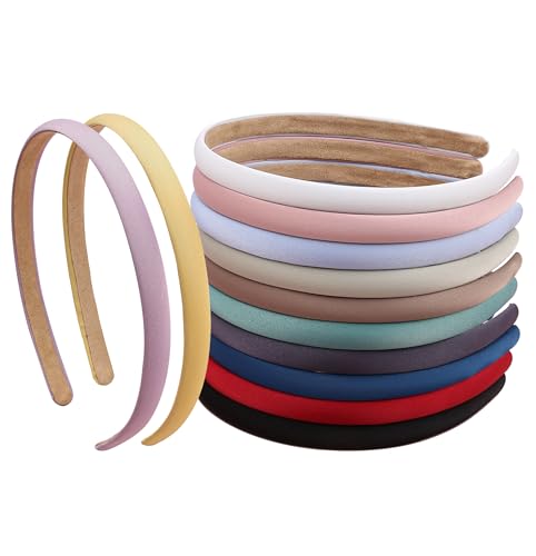 XIMA Solid Fabric Headbands for Women and Girls, 10mm Soft Satin Thin Non-Slip Hairbands, Set of 12
