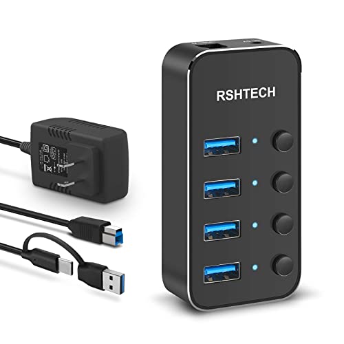 USB 3.0 Hub RSHTECH 4 Port Powered USB 3.0/USB C Hub Upgraded Version with 2-in-1 3.3ft USB Cable,5V Power Adapter and Individual Switches, Portable Aluminum USB Splitter for Laptop and PC, RSH-ST04