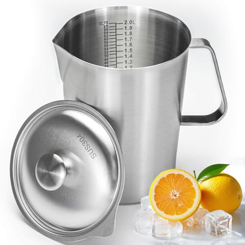 Stainless Steel Pitcher with Lid, 70 oz Metal Measuring Cup with Marking with Handle, 2 L Large Mouth Graduated Beakers, Milk Frothing Jug for Espresso Machines, Latte Art, Iced Tea, Hot/Cold Water