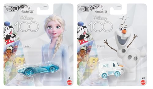 Hot Wheels Disney 100 Character Cars, Frozen Elsa and Olaf Die-Cast Vehicles, 2-Pack, Ages 3+