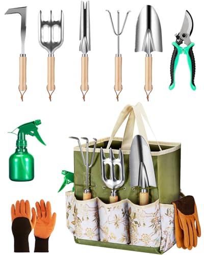 Garden Pitchfork Included - 9-Piece Premium Gardening Tool Set for Women: Heavy Duty Stainless Steel Rust-Proof Tools with Fashion Storage Tote | Perfect Gardening Gifts for Mom, Outdoor