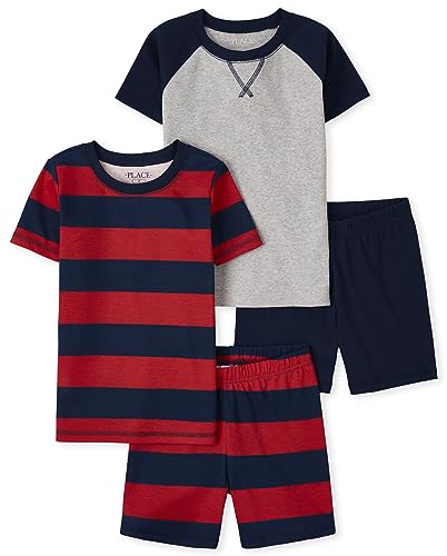 The Children's Place boys The Children's Place Short Sleeve Top and Shorts Snug Fit 100% Cotton 2 Piece Pajama Set, Solid/Stripe Tidal, 8 US