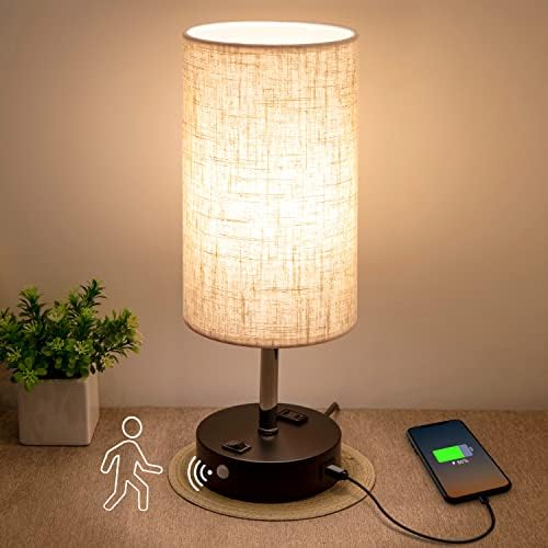 lifeholder Motion Sensor Lamp, USB Lamp Include Warm White Bulb, Fabric Shade Lamp Built in USB Port & AC Outlet, Bedside Lamp Idea for Bedroom Retro Cream