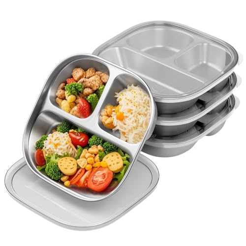 Hyperzacc Stainless Steel Kids Plates,Set of 4 Toddler Plates with Lids - 3 Compartments Stainless Steel Snack Containers for Kids Non Toxic & 100% BPA Free