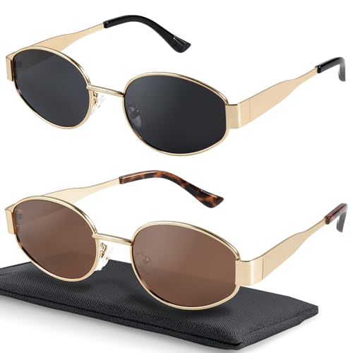 livho Retro Polarized Sunglasses - UV400 Protection, Oval Shape, Metal Frames - Matching Soft Case Inlcuded