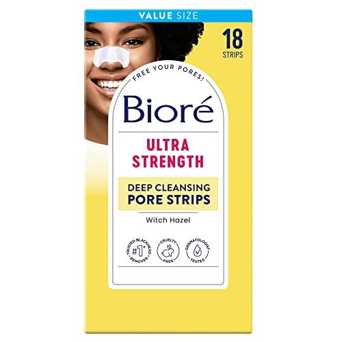 Bioré Witch Hazel Ultra Strength Blackhead Remover Pore Strips, Clears Pores up to 2x More than Original Pore Strips, features C-Bond Technology, Oil-Free, Non-Comedogenic Use, 18 Count