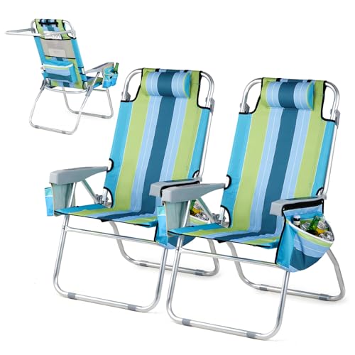 VINGLI Tall Beach Chair 2 Pack, with 5-Position, Cooler Bag, Cup Holders, Towel Bar, Lightweight Folding Beach Camping Chairs for Adults（Blue/Green-16