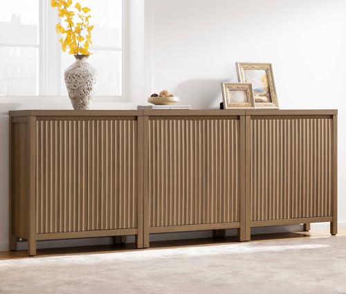 SICOTAS Sideboard Buffet Cabinet with Storage, Fluted Credenza Console Cabinet with Adjustable Shelves, Farmhouse Coffee Bar Storage Cabinets for Kitchen, Living Room, Entryway, Caramel Oak, 3 PCS