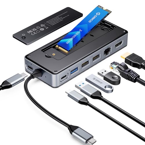 ORICO USB-C Hub with M.2 SSD Enclosure, 8-in-1 USB C Docking Station Fits M.2 NVMe/SATA SSD, 10Gbps, 4K@60Hz HDMI, 100W PD, Ethernet - OM28PR