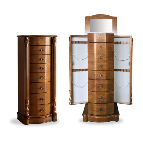 Hives and Honey Annette Standing Jewelry Armoire, Locking Jewelry Cabinet, 7 Drawers, Necklace Hooks, Mirror, Secure Storage, Dual-Sided Doors, Handcrafted Antique Finish, Elegant Organizer, Walnut