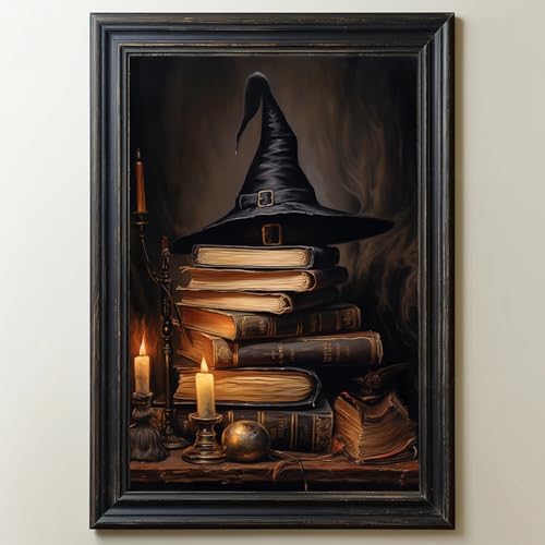 Witch Hat Wall Art Vintage Halloween Poster Goth Dark Moody Prints Victorian Witchy Wall Art Vintage Dark Academia Poster Witchy Spells Halloween Picture Witch Hat On Books Prints 16x24inch Frameless