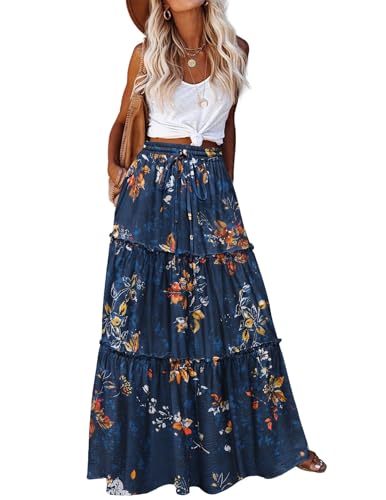 Zeagoo Floral Maxi Skirts for Women Blue Printed Long Skirts with Pockets Boho Maxi Skirts for Women Skirts for Women Trendy Summer A Line Skirts S