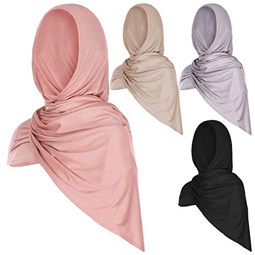 Vabean 4 Pcs Instant Hijab for Women Jersey Hijabs Pinless Ramadan Islamic Muslim Head Wraps Premium Head Scarf Shawl Turban(Black, Dusty Rose, Vanilla, Gray)