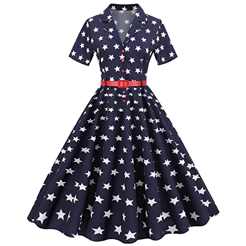 Women's Vintage USA Flag Dress with Star Print & Belt - Patriotic Independence Day & Memorial Day Dress - Navy Blue, XL