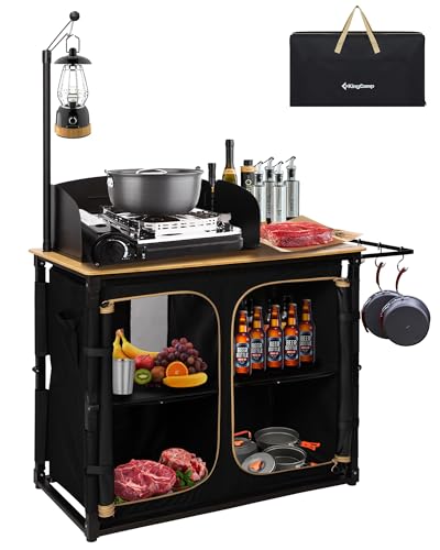 KingCamp Bamboo Camp Kitchen Station, Folding Overland Camping Kitchen Table Hooks Portable Outdoor Cooking Station with Adjustable Lantern Pole & Windshield Storage Organizer for BBQ Picnic RV