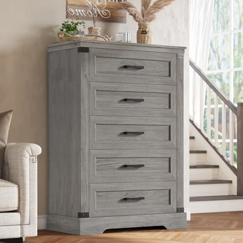 Hasuit Tall Dresser for Bedroom with 5 Drawers, Wooden Farmhouse Gray Dresser Chest of Drawer with Thick Styling, Large Capacity Storage Cabinet with Wide Drawer, Dressers for Living Room Hallway