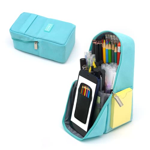 YOCEWECA Large Capacity Multifunction Canvas Pouch - Standing Pencil Case for School Supplies & Office Organization (Mint Green)