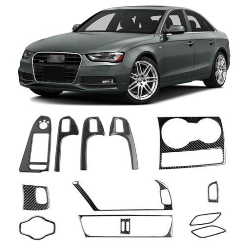 YUNHECAM Real Carbon Fiber Interior Decor Kit Trim Cover for Audi A4 B8 2008-2016 Gear Shift Center Console Water Cup Holder Door Armrest Headlight Switch Panel Key Hole Frame Trim Sticker (13PCS)