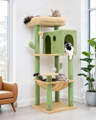 Globlazer F49C Cactus Cat Tower for Indoor Cats, Cactus Series 49inch Cat Climbing Tower Cat Tree with Hammock, Scratching Post, Large Cat Condo House, Cactus Green