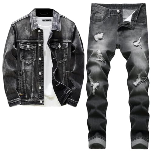 Men's Casual Loose Denim Jacket and Ripped Pants Simple Black Jacket and Jeans Two-Piece Set