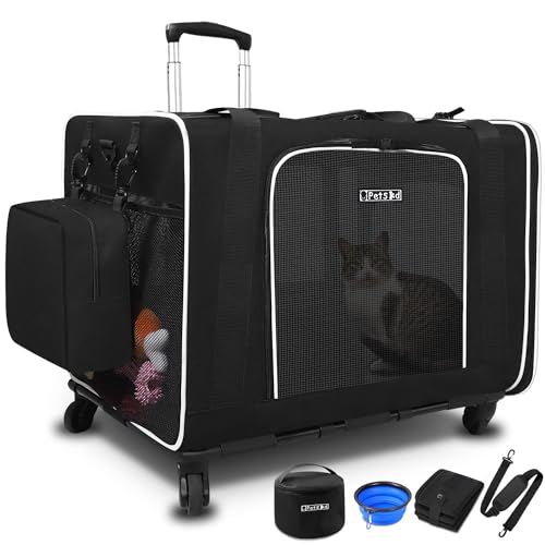 Petskd Extra Large Pet Carrier with Wheels 24"x17"x17" for Cats, Pet Carrier for 2 Cats or Medium Dog, Cat Carrier for Car Travel with Litter Box, Bowl and Locking Safety Zipper(Black)