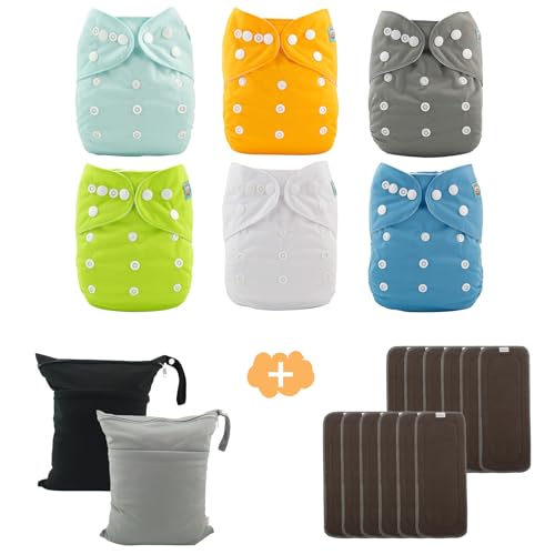 ALVABABY 6 Pack Baby Cloth Diapers with 12 pcs 5-Layer Rayon Charcoal Bamboo Inserts and 2pcs Wet Dry Bags