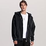 FAIABLE Mens Womens Double Zip Up Hoodie Oversized Acid Wash Hoodies Heavyweight Fleece Cotton Zipper Hoodie Vintage Y2k Full Zipup Hoodie Couples Streetwear Black