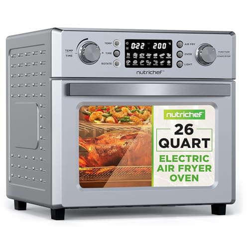 NutriChef 26L Electric Air Fryer Oven | 1700W Countertop Rotisserie & Air Fryer | 360° Rotating Feature | 10 Digital Menu Presets | Includes Drip Tray, Air Frying Basket & Bake Rack 15x16x14 (Silver)