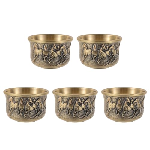 LOGOFUN 5pcs Vintage Drinking Cup Metal Tea Cups with Carving Horse Pattern Retro Chinese Style Lucky Drinkware for Home Office Decoration - 1.9 * 1.3in