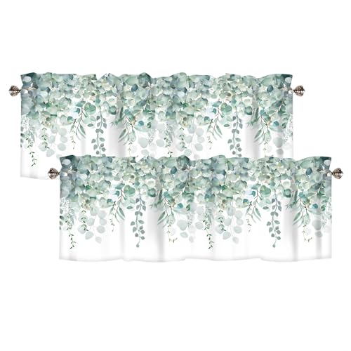 AYTTBIS Sage Green Eucalyptus Leaves Curtain Valance for Windows Watercolor Window Treatments 2 Pack Short Curtains for Kitchen Windows Bathroom Bedroom,54 x 18 Inch
