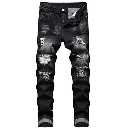 QIMYUM Mens Ripped Jeans, Distressed Destroyed Slim Fit Straight Leg Denim Pants (30, Black702)