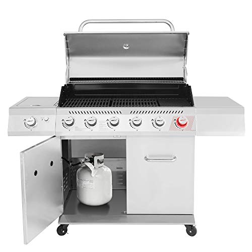 Royal Gourmet GA6402S 6-Burner Propane Gas Grill with Side Burner and Warming Rack, 74,000 BTUs, Cabinet Style Outdoor BBQ Grill for Barbecue Grilling & Backyard Cooking, Silver