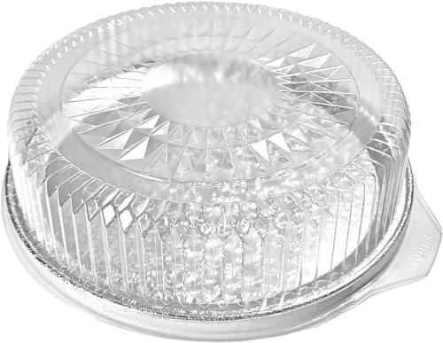 Multi-Pack of 5 Disposable Aluminum 12” Round Flat Serving Trays -with Dome Lids – Perfect Disposable Tray for Vegetable Platters, Slices of Cake, Cookies, Fruit platters and More