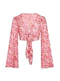 Verdusa Women's Boho 70s Tops Tie Front Bell Long Sleeve Floral Print Mesh Sheer Blouse Crop Tops Floral Pink Medium