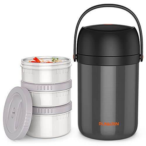 Runkrin Insulated Food Jar 64oz for Hot Food 6 Hours, 3 Tiers Leak-Proof Stackable Thermal Lunch Box Containers, Stainless Steel Vacuum Soup Storage for Kids Men Women, School Picnic