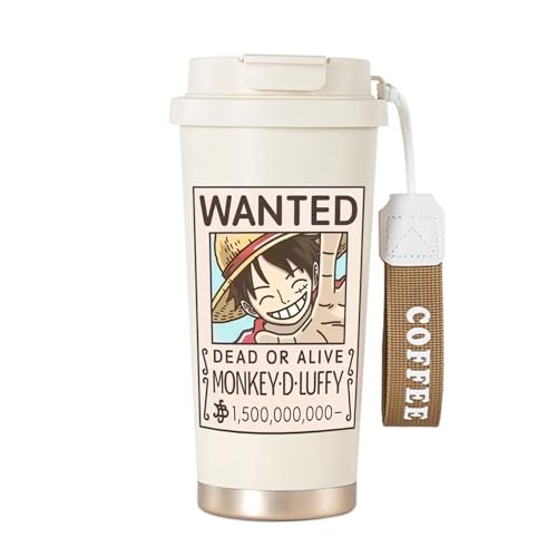 18oz One Piece Anime Wanted Poster Travel Tumbler Lid and Straw, Insulated Coffee Mug with Strap, Stainless Steel Water Bottle for Home School Party Camping Office or Car