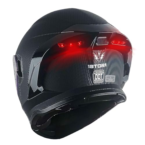 1Storm New Motorcycle Bike Modular Full Face Helmet Dual Visor Sun Shield with Rechargeable LED Tail Light: LED-X90 Carbon Fiber Black