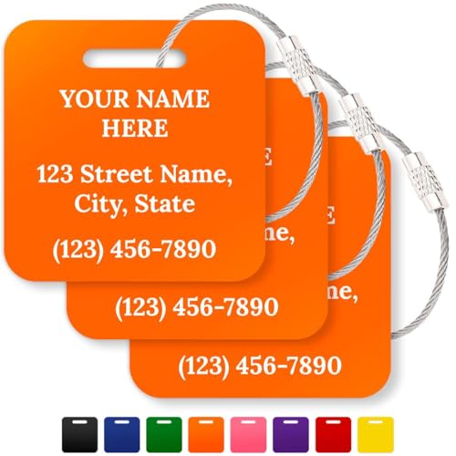 Personalized Luggage Tags, Custom Name and Address for Suitcases and Backpack Orange Travel Tag, Set of 3, 2x2 Inches, Acrylic Heavy Duty Waterproof, Made in The USA by My Sign Center